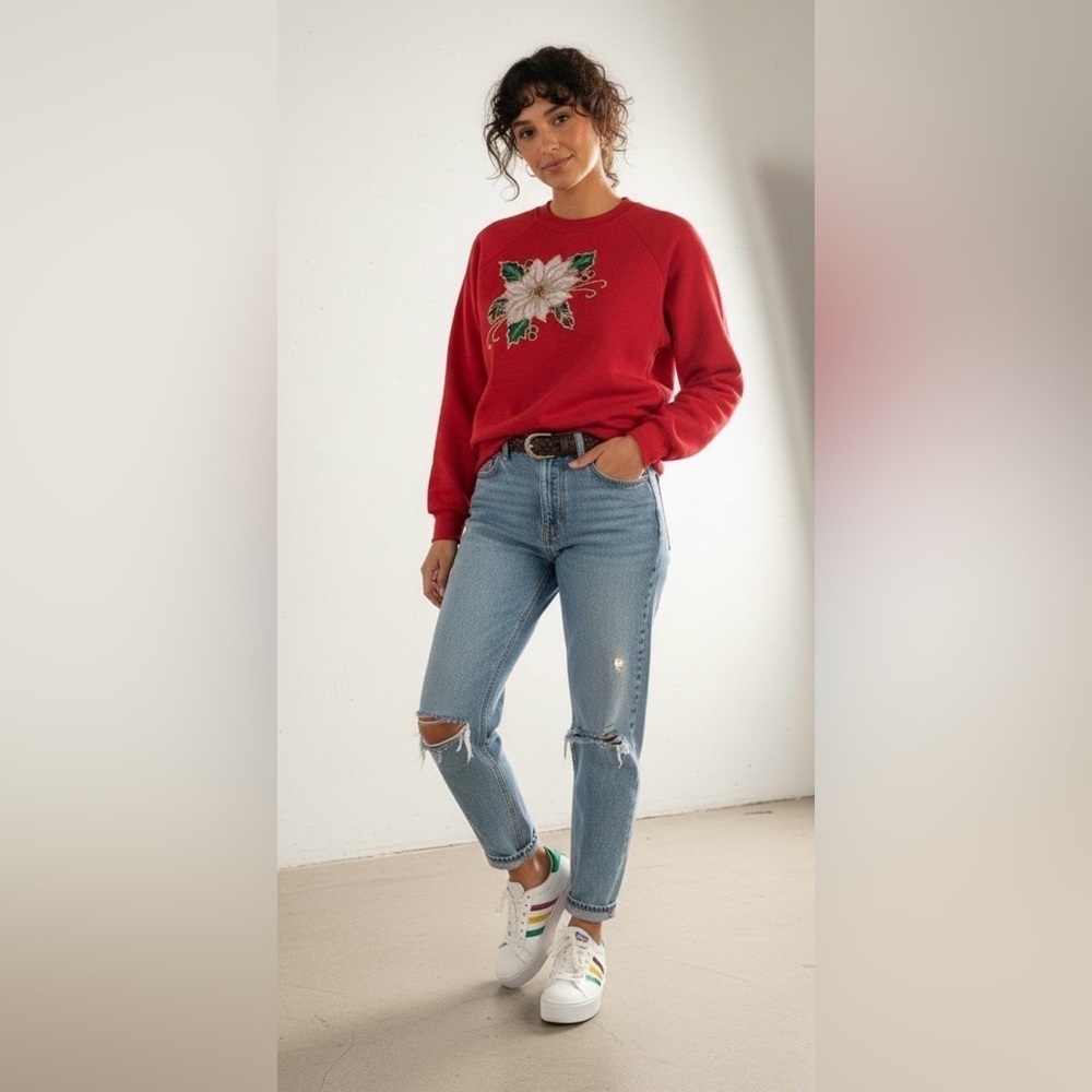 VINTAGE Fruit of the Loom Crewneck Sweatshirt Sparkle puff paint Floral Design